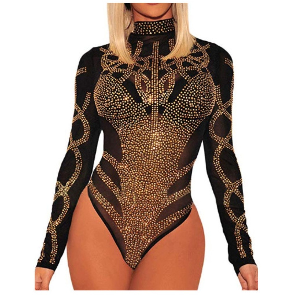 Sheer Mesh Rhinestones Long Sleeves Bodysuit
